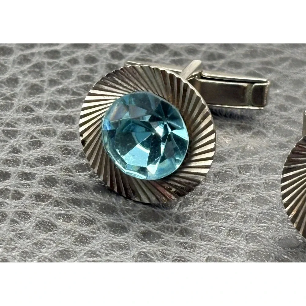 Vintage Faux Blue Topaz Crystal Rhinestone Etched Cufflinks Silver Tone